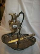 A silver plated coffee pot, cake basket and bread knife