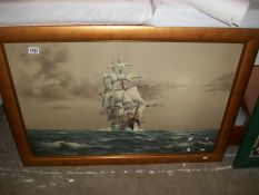A large oil on board under glass of a 3 mast tall ship
