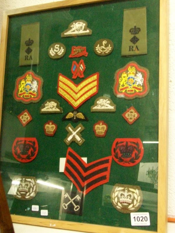 A cased collage of cloth badges