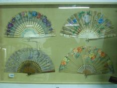 4 Victorian hand painted fans in glazed case