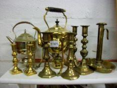 A Brass kettle on stand, Silver plated kettle on stand, 3 pairs of brass candlesticks and a brass