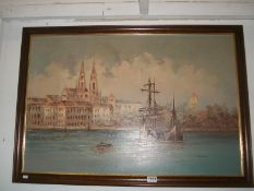 A framed large oil on canvas city/river scene bearing the signature L Alexis