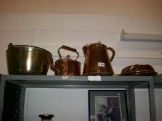 A brass jam pan, copper kettle, copper jug and copper warming pan