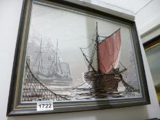 An acrylic painting of fishing boats