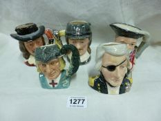 5 Royal Doulton character jugs being Charles 1, St. George, Oliver Cromwell, Nelson and Henry VIII