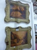 A pair of pokerwork pictures in gilt frames in the style of John Gilpin