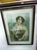 A lithograph of a woman with child and kittens, circa 1880-1890