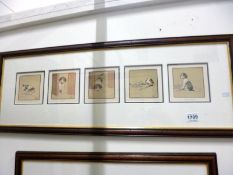 A framed collage of 5 fox hound puppies By Cecil Aldin