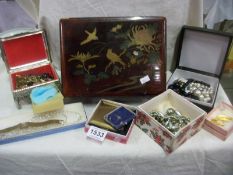 A quantity of jewellery boxes including lacquered