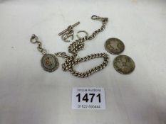 A silver chain, fob and 2 Victorian florin's