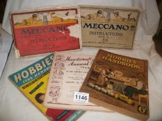2 Meccano instruction books, No. 1 and 00 to 4 and 3 Hobbies hand books 1938 and 1956