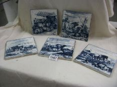 5 Minton blue and white animal print tiles