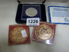 A Turks & Caicos Island 1979 10 crown proof silver coin and 2 bronze Princess Anne wedding coins