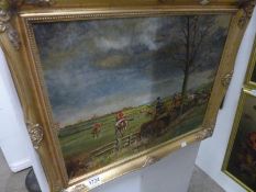 An oil painting of a hunting scene by Chas J Simkin