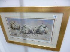 A limited edition Rhino print signed Michael Kitchen Hule