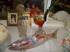 A Murano glass cockerel, End of day glass fish and vintage soda syphon