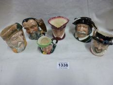 6 Royal Doulton character jugs being Robinson Cruseo, Sancho Pancho, The Cardinal, Merlin, Beef