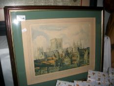 A framed print "The Roofs of York" signed Geo H Downing