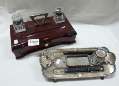 A Wooden inkstand and a silver plated inkstand