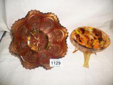 A carnival glass dish and one other