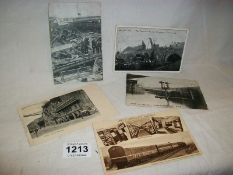 5 Old postcards including 'The Terrible railway accident, Grantham' and flood at Walsall station