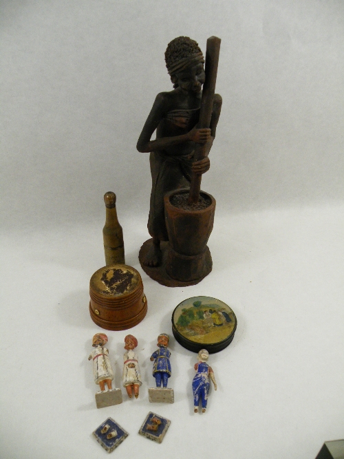 Four small wooden painted Indian figures, a papier mache snuff box, 2 treen string boxes and a