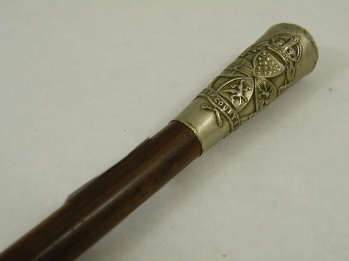 An Edwardian Malacca military swagger stick with metal top bearing crest for Inns of Court OTC  -