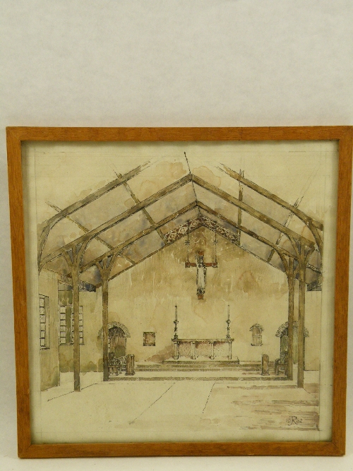 A  20th Century perspective sketch and watercolour of a Continental Church interior - probably an