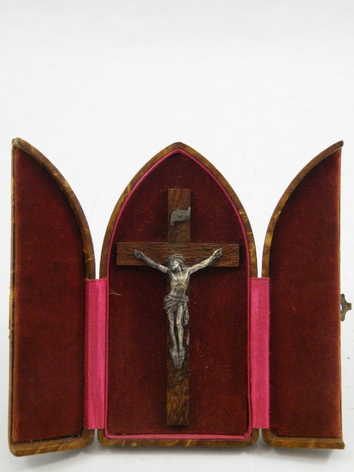 A 19th C portable alter, with a cast metal Corpus Christie on a rosewood cross, contained in a