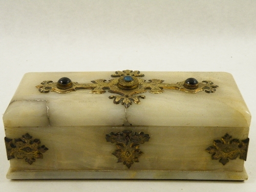 A 19th century alabaster casket with Gothic revival bronze mounts - the top with three cabochon