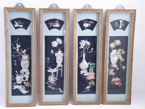 Set of four mid 20th century Oriental box framed wall panels showing soft shell crabs, prawns and