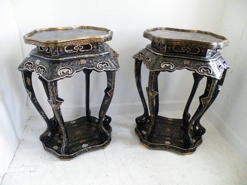 A pair of late 19th Century Chinoiserie display stands with black lacquer and gilt decoration 92cm