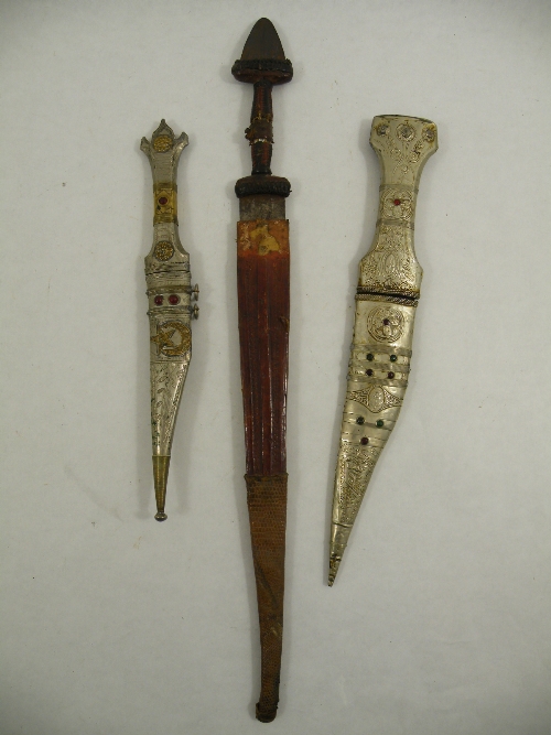 Eastern silvered dagger and sheath - the sheath with red glass cabochons and star & crescent applied