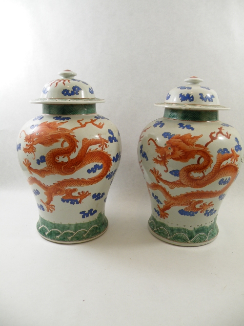 Pair of large Oriental covered jars with handpainted dragon and cloud  decoration - rubber stamp