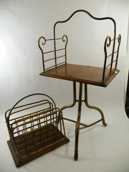 A late 19th C brass & oak three legged revolving sheet music stand and a similar stand without base.