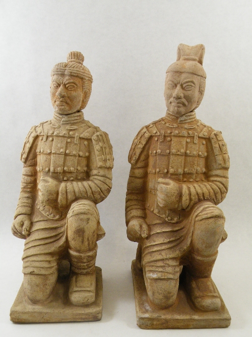 Pair of earthenware Qin Dynasty style tomb soldiers probably archers in kneeling pose, with