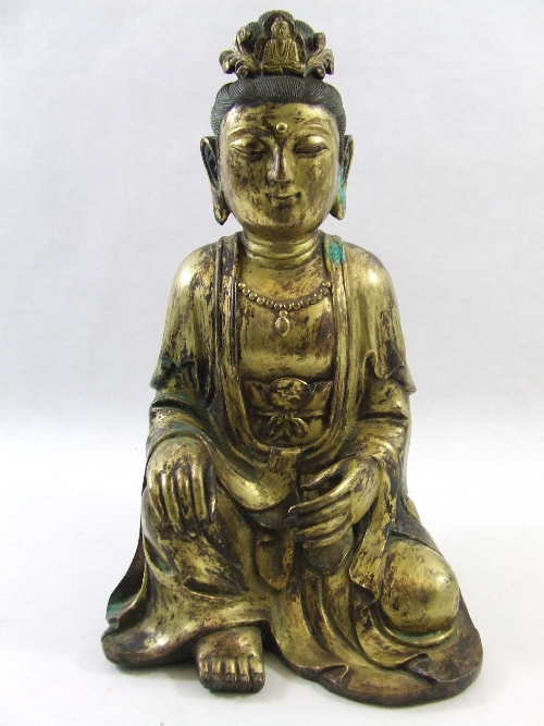 Chinese bronze seated Guanyin (Kuan-yin) Bodhisattva/ Buddha bearing six character mark to reverse -