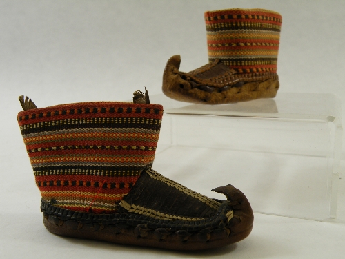 Matched pair of leather an textile Inuit/native American miniature boots  possibly match holders -