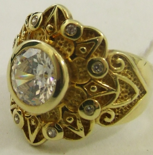 Indian style gold over sterling silver sun motif ring set with central brilliant cut CZ stone and