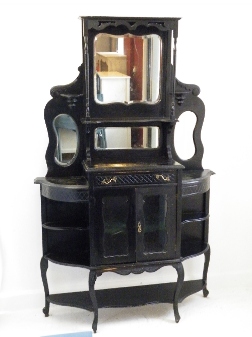 Victorian ebonised mirrored back display cabinet with shield shaped bevelled edge mirror, shelf to