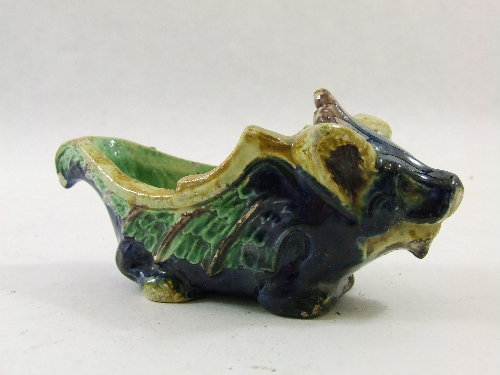 19th C Majolica spoon rest/warmer modelled as a grotesque bat  - 11cm