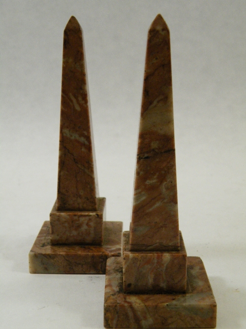 Grand tour souvenir: Pair of  rosa marble obelisk desk ornaments  with remains of paper label to