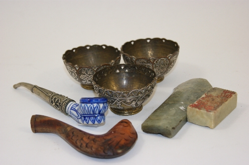 A mixed lot of interesting collector`s items: Three small bronze shallow bowls with applied copper