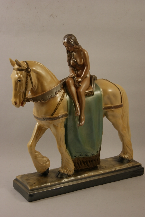 An unusual Art Deco statue of Lady Godiva on horseback - in original pearlescent painted finish,