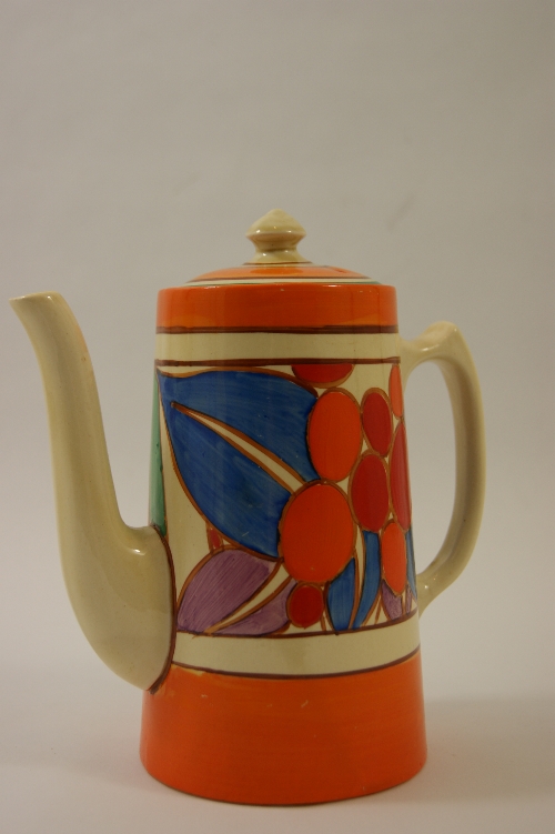 Clarice Cliff - tankard coffee pot in Berries design - with Fantasque Bizarre mark - 19cm tall