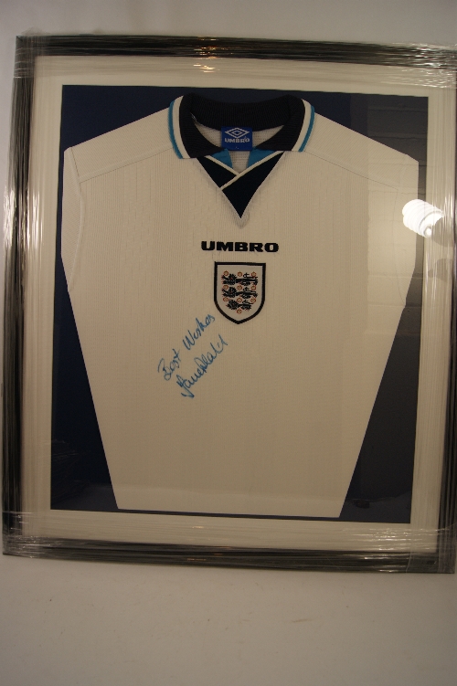 Football memorabilia - a framed and glazed England Euro 1996 football shirt signed by David Platt
