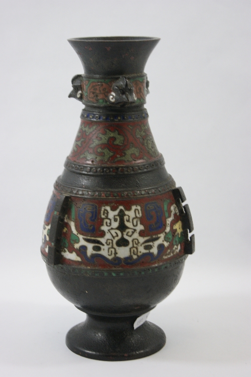 A large C 19th Chinese bronze baluster vase with cloisonne decoration, three bird`s head masks to