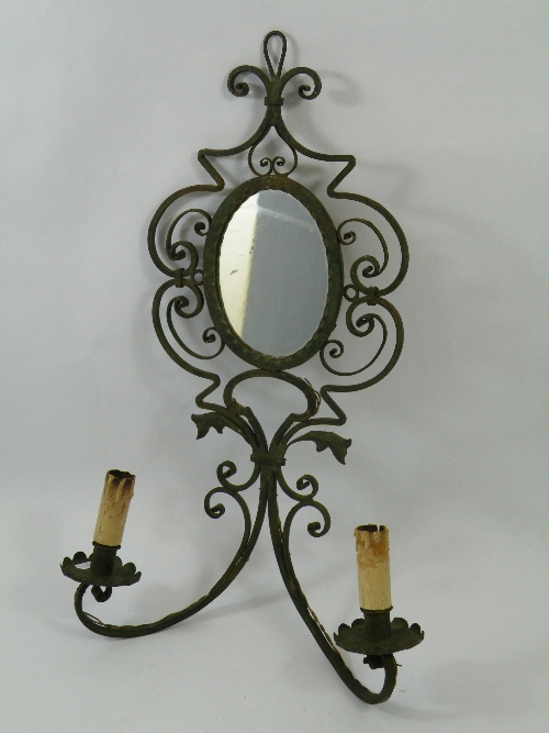 French 1920`s wrought iron girondole mirror with two branches with verdigris patina - wired for