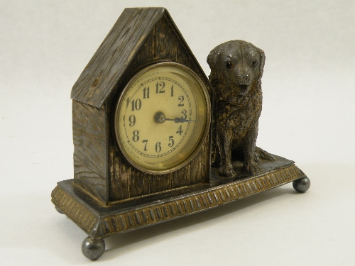Unusual Victorian novelty mantle clock modelled as a dog with original glass eyes chained to
