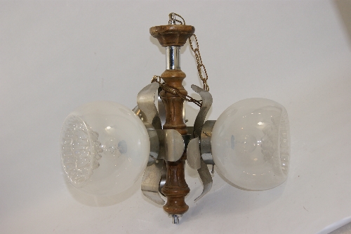 1960s retro three branch centre ceiling light with chromed metal fittings and three opalescent globe